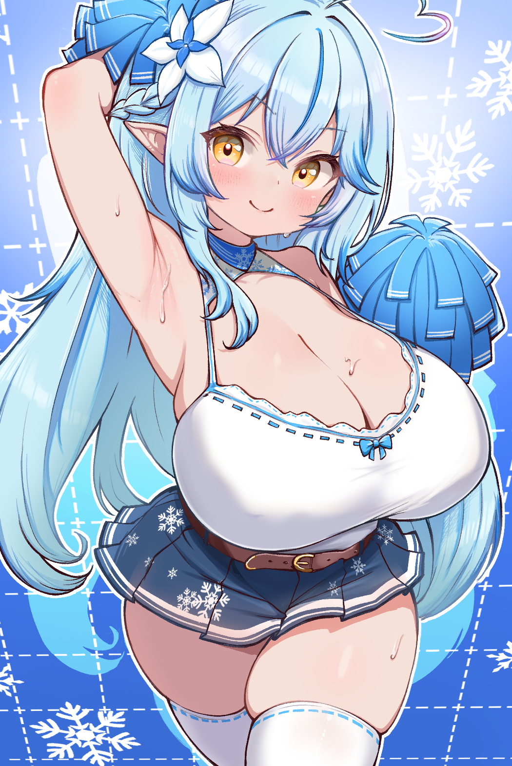 1girl ahoge alternate_breast_size armpits blue_hair breasts camisole cheerleader cleavage curvy elf heart heart_ahoge highres hololive huge_breasts kani_bonara long_hair looking_at_viewer miniskirt pointy_ears pom_pom_(cheerleading) skindentation skirt smile solo sweat thick_thighs thighhighs thighs virtual_youtuber yellow_eyes yukihana_lamy zettai_ryouiki