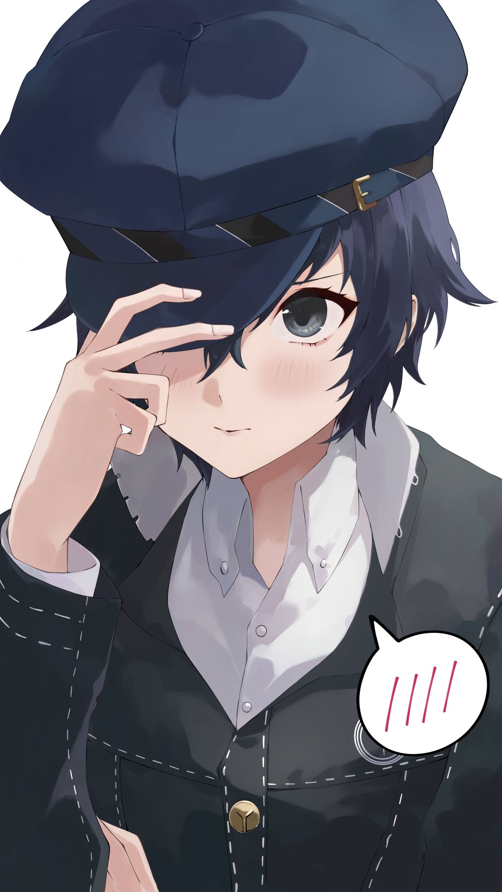 1girl adjusting_clothes adjusting_headwear blue_eyes blue_hair blue_hat blue_jacket blush cabbie_hat collared_shirt colored_eyelashes crossdressing detective gold_buttons hand_on_headwear hand_up hat hat_over_one_eye highres jacket konchi_(63438789) light_blush long_sleeves looking_at_viewer persona persona_4 reverse_trap shirogane_naoto shirt short_hair simple_background solo tomboy upper_body white_background white_shirt