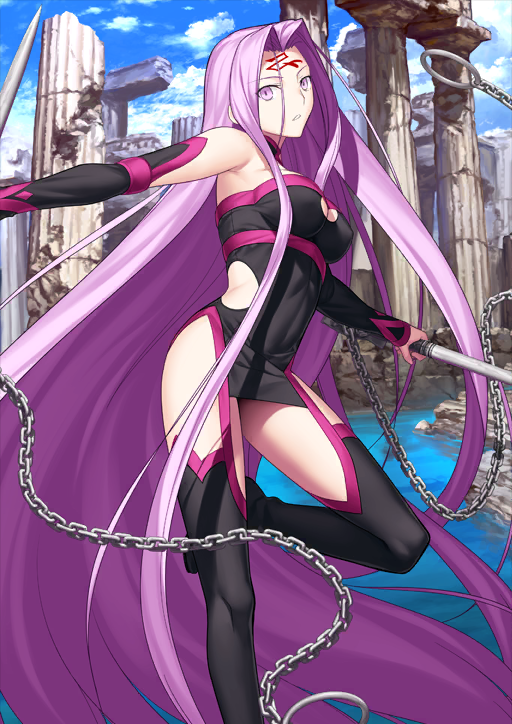 1girl bare_shoulders black_boots black_choker black_dress black_sleeves blue_sky boots breasts chain choker cleavage_cutout clothing_cutout cloud curtained_hair detached_sleeves dress dual_wielding facial_mark fate/grand_order fate_(series) forehead_mark holding holding_weapon leg_up long_hair long_sidelocks looking_at_viewer medusa_(fate) medusa_(rider)_(fate) medusa_(rider)_(third_ascension)_(fate) microdress nameless_dagger_(fate) official_art purple_eyes purple_hair rectangular_pupils reverse_grip ruins side_cutout sky solo standing standing_on_one_leg strapless strapless_dress takeuchi_takashi thigh_boots third-party_source very_long_hair very_long_sidelocks weapon