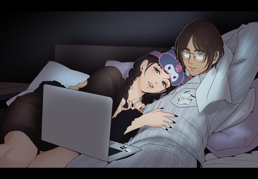 1boy 1girl alternate_universe arm_around_back arm_behind_head badtz-maru black_border black_dress black_hair black_nails border braid brown_hair computer couple cuddling dog dress earrings eren_yeager glasses grey_eyes hand_on_another&#039;s_stomach hanpetos hello_kitty hetero jewelry kuromi laptop letterboxed long_hair mask mask_on_head mikasa_ackerman nail_polish on_bed open_mouth pajamas parted_lips pochacco reclining round_eyewear sanrio shingeki_no_kyojin short_hair sleep_mask smile striped_clothes striped_pajamas twin_braids upper_body