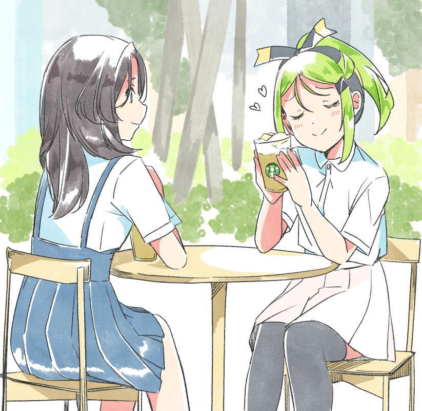 22/7 2girls black_hair black_thighhighs blue_skirt bow bow_hairband closed_eyes closed_mouth collared_shirt cup disposable_cup elbows_on_table food food_on_face green_hair hair_bow hair_ornament hairband hairclip half_updo heart high_ponytail holding holding_cup kiryu_touko long_hair looking_at_another multiple_girls orihara_sumika outdoors parted_bangs pleated_skirt ponytail shirt short_sleeves sitting skirt smile starbucks suspender_skirt suspenders thighhighs tree trefle_r two-tone_bow two-tone_hairband u_u white_shirt