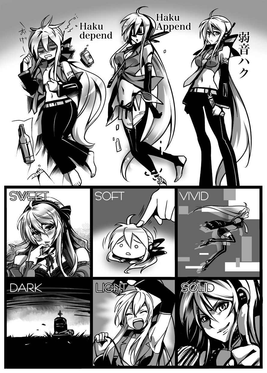 1girl ahoge barefoot blouse blush caffein chart cosplay digital_dissolve english_text grave grey_shirt greyscale haku_append hatsune_miku hatsune_miku_(append) headphones highres long_hair midriff miku_append_(cosplay) monochrome parody ponytail shirt smile toeless_legwear turn_pale very_long_hair vocaloid vocaloid_append yowane_haku