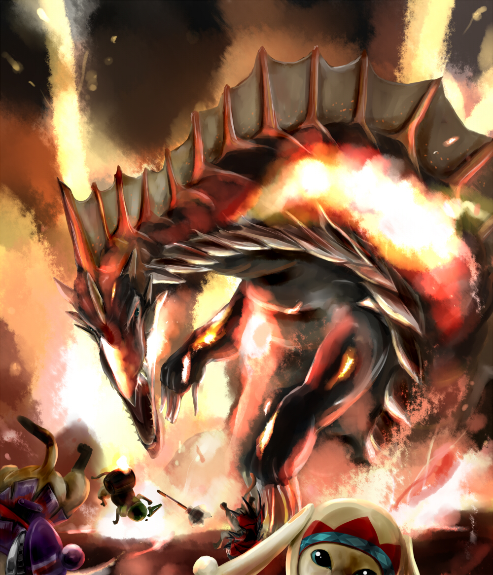 agnaktor ban_(777purin) barrel blue_eyes capcom claws felyne fire jaggi_(armor) lagombi_(armor) lava monster monster_hunter_(series) monster_hunter_portable_3rd no_humans rathalos_(armor) sharp_teeth staff teeth