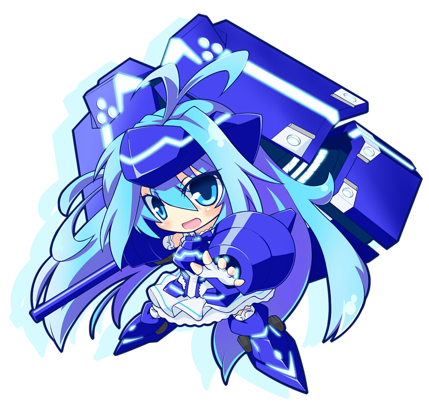 1girl armor blue_eyes blue_hair breastplate chibi detached_sleeves female_focus fingerless_gloves gauntlets gloves greaves hammer headgear long_hair matching_hair/eyes solo take_tonbo thighhighs vividblue vividred_operation white_thighhighs