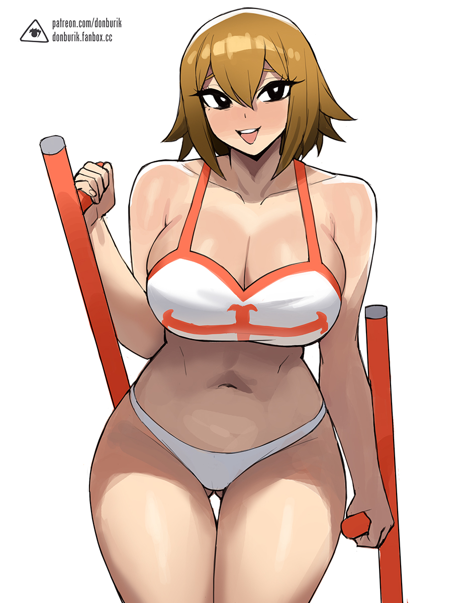 1girl artist_logo bare_shoulders bikini black_eyes breasts bright_pupils brown_hair cleavage collarbone cowboy_shot donburi_(donburikazoku) dual_wielding elie_(rave) fanbox_username gluteal_fold highres holding holding_weapon large_breasts logo medium_hair navel open_mouth patreon_username rave_(manga) simple_background smile solo swimsuit teeth thigh_gap thighs tonfa upper_teeth_only watermark weapon web_address white_background white_bikini white_pupils