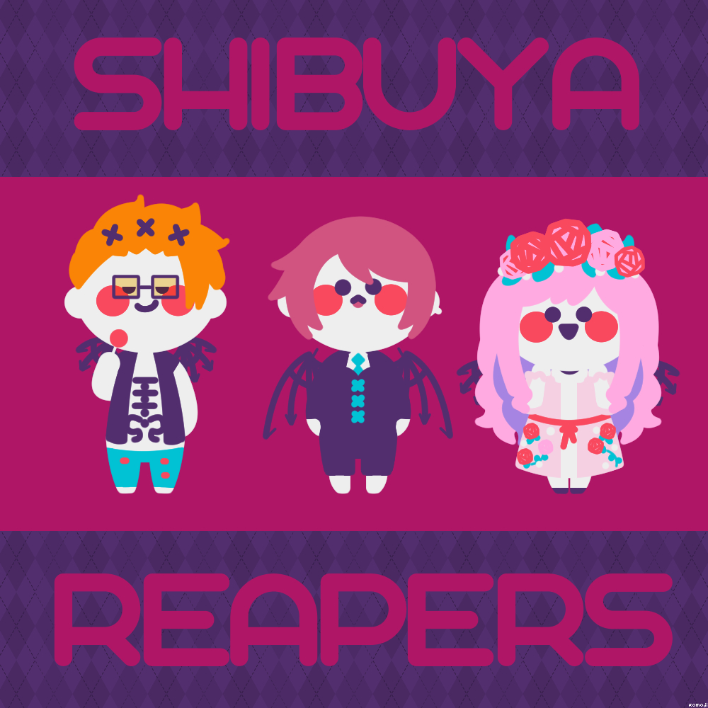 1boy 2girls atarashi_coco black_vest black_wings blush_stickers candy chibi dress floral_print flower_wreath food glasses kariya_koki lollipop long_hair multiple_girls orange_hair pink_dress pink_hair rectangular_eyewear shin_subarashiki_kono_sekai shirt short_hair spiked_wings subarashiki_kono_sekai vest white_shirt wings yashiro_uzuki