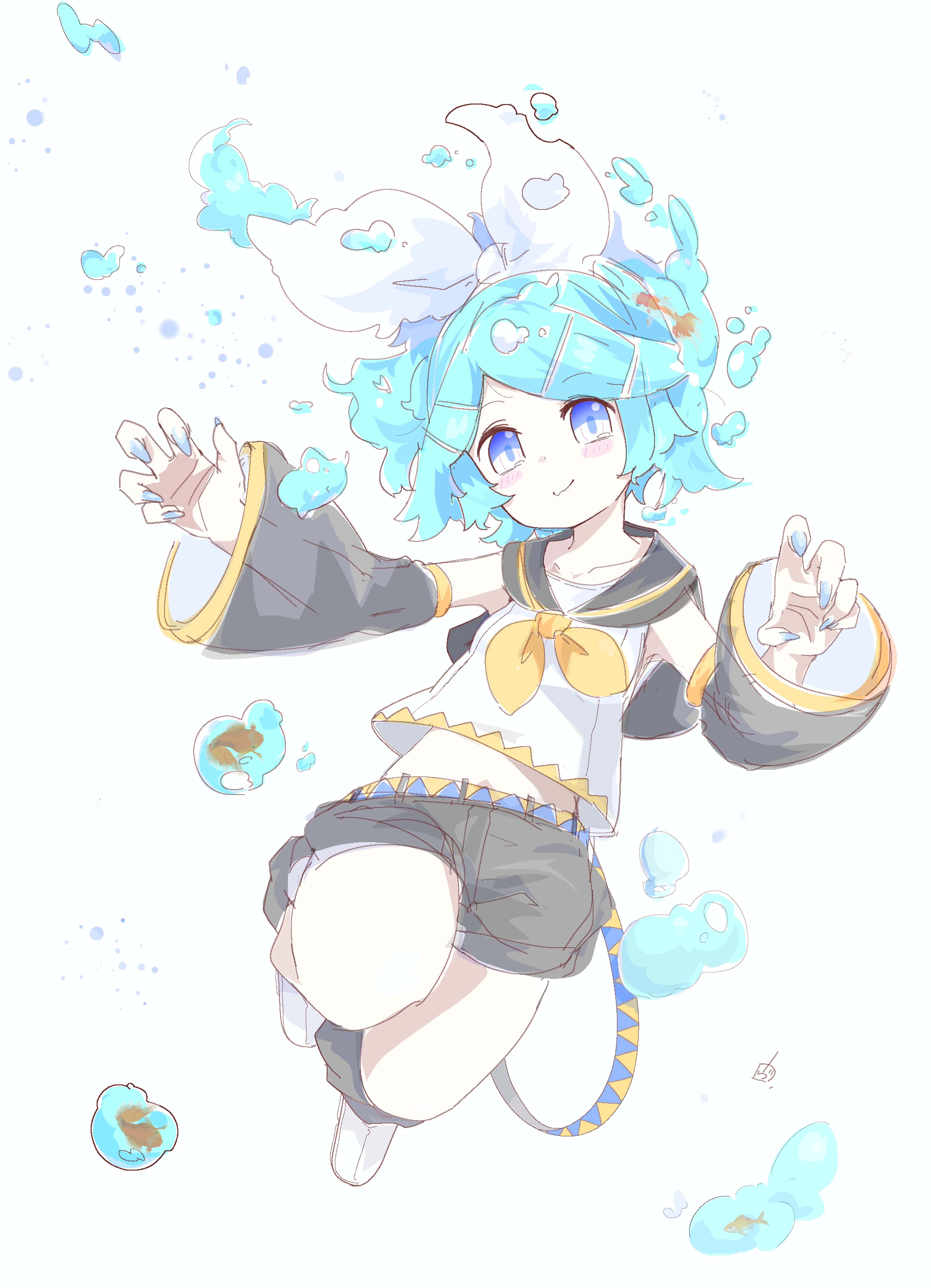 :3 absurdres aqua_hair bare_shoulders belt black_leg_warmers black_sailor_collar black_shorts black_sleeves blue_belt blue_hair blue_nails blush_stickers bottle_rin bow breasts fish floating goldfish hair_bow hair_ornament hairclip highres kagamine_rin leg_warmers legs_up liquid_hair midriff neckerchief pale_skin sailor_collar sailor_shirt see-through_clothes see-through_sleeves shirt short_hair shorts signature skinny sleeveless sleeveless_shirt small_breasts swept_bangs two-tone_belt vocaloid vorusan_(volver39) white_bow white_sneakers yellow_belt yellow_neckerchief