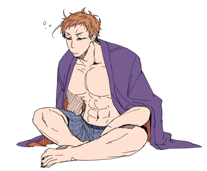 1boy abs bare_pectorals barefoot blue_boxers blue_male_underwear boxers closed_mouth gogya iwatooshi male_focus male_underwear navel no_nipples orange_hair pectorals plaid_boxers plaid_clothes plaid_male_underwear print_boxers print_male_underwear red_eyes sharp_teeth sharp_toenails simple_background sitting sleepy solo teeth toenails touken_ranbu underwear white_background