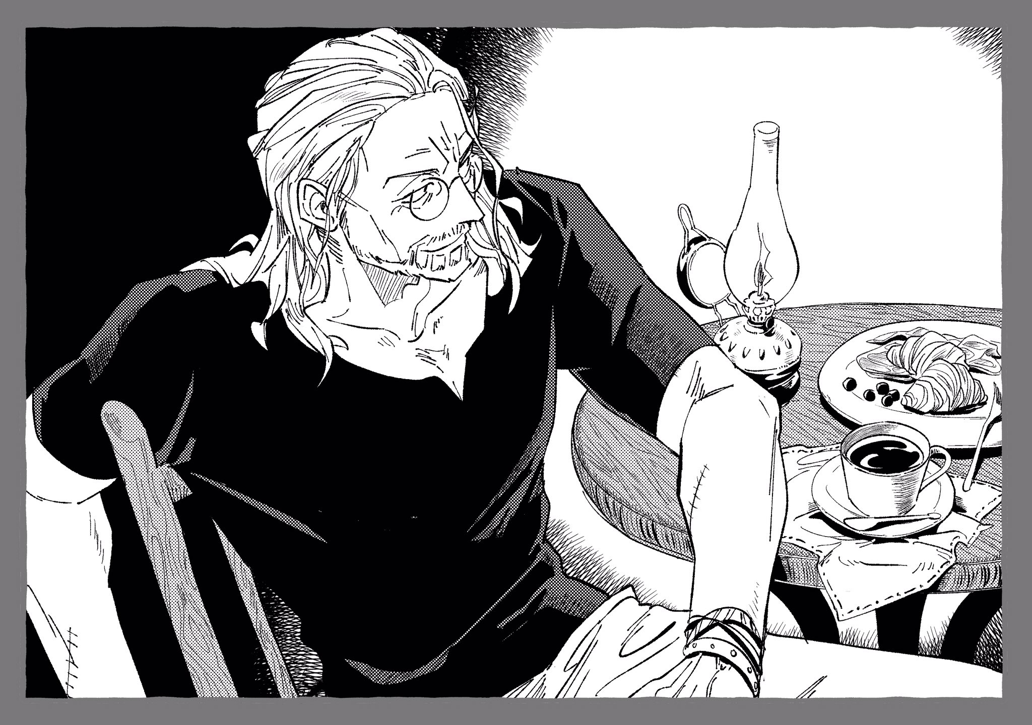 1boy beard bracelet croissant cup facial_hair food glasses greyscale hair_slicked_back highres jewelry light_smile male_focus medium_hair monochrome one_piece redcrocodile875 shirt short_sleeves silvers_rayleigh sitting solo stitched_arm stitches