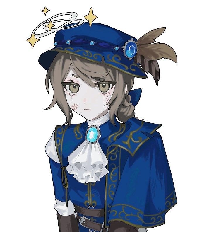 1boy androgynous belt beret blue_gemstone blue_shirt brown_belt brown_hair center_frills crying crying_with_eyes_open dizzy drill_hair drill_ponytail edgar_valden edgar_valden_(runaway) feathers frills gem hat hat_ornament identity_v ponytail seeing_stars shirt single_drill star_(symbol) teardrop tears trap u0el_t yellow_eyes