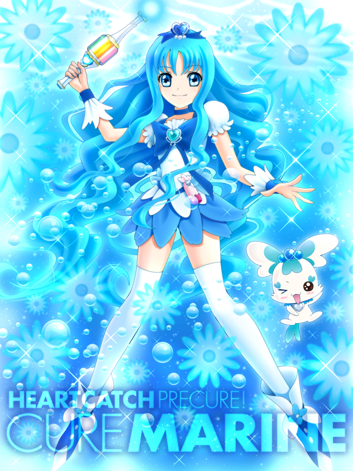 10s 1girl blue_background blue_eyes blue_hair blue_skirt blue_theme boots bow brooch bubble character_name choker coffret_(heartcatch_precure!) copyright_name cure_marine flower flower_tact hair_ribbon heart heart_brooch heartcatch_precure! jewelry kurumi_erika long_hair magical_girl precure ribbon sekken_kasu_barrier skirt thighhighs wand white_thighhighs