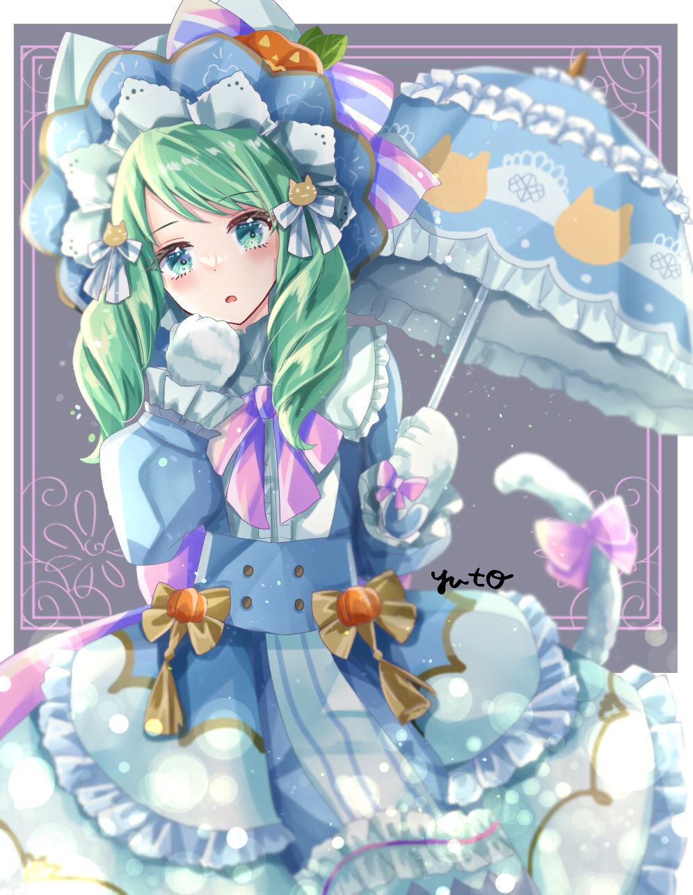 1girl aqua_eyes blue_umbrella bonnet bow bowtie cat_hair_ornament cat_tail d: dress fire_emblem fire_emblem:_three_houses fire_emblem_heroes flayn_(fire_emblem) flayn_(halloween)_(fire_emblem) gloves green_hair hair_ornament hair_ribbon highres holding holding_umbrella jack-o&#039;-lantern_hat_ornament leaf long_hair long_sleeves looking_at_viewer nintendo open_mouth parasol pink_bow pink_bowtie puffy_long_sleeves puffy_sleeves ribbon solo tail tail_bow tail_ornament umbrella white_gloves white_tail yuyu_(spika)