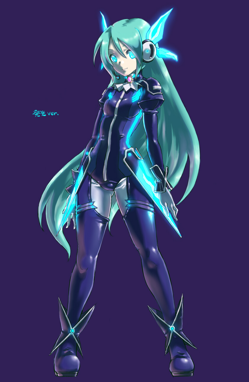 1girl alternate_hairstyle aqua_eyes aqua_hair bodysuit commentary_request glowing glowing_eyes glowing_trim hair_down hair_ornament hatsune_miku hatsune_miku_(plug-in) headset highres long_hair looking_at_viewer project_diva project_diva_(series) purple_background ryon_(yasagure_un) simple_background smile solo vocaloid