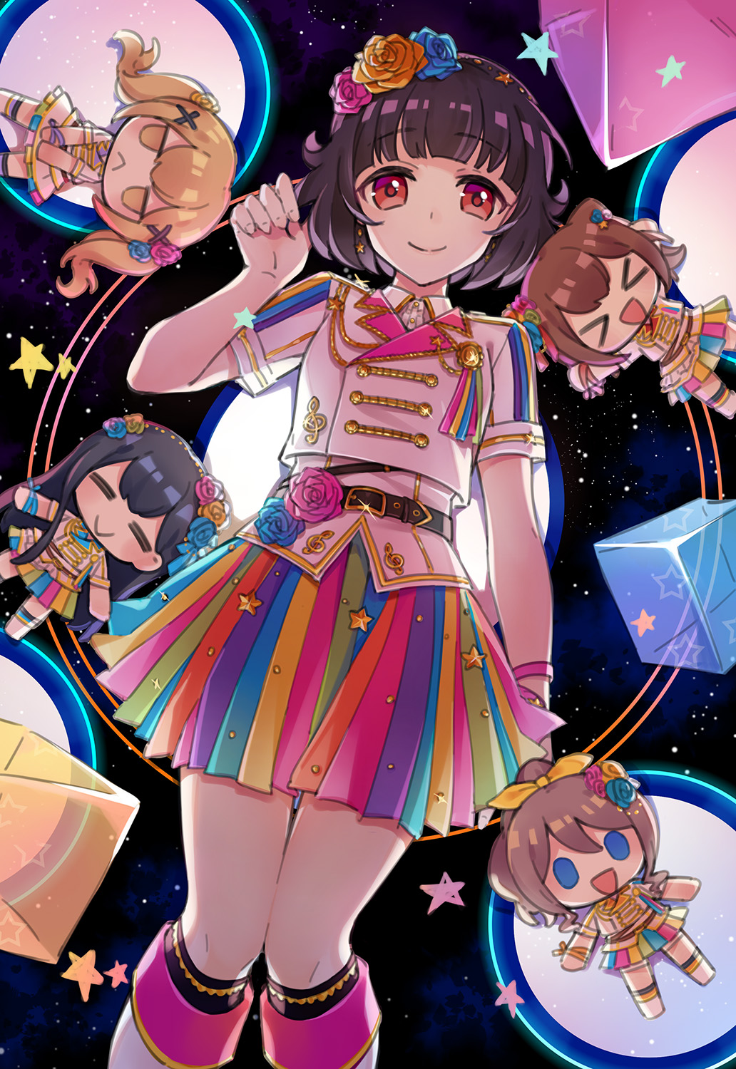 &gt;_&lt; 5girls :&lt; :d =_= arm_ribbon arms_up bang_dream! belt black_hair blonde_hair blue_eyes blue_ribbon blunt_bangs boots brown_hair collared_shirt cube earrings flower hair_flower hair_ornament hair_ribbon hanazono_tae highres ichigaya_arisa jewelry jitome knee_boots long_hair multicolored_skirt multiple_girls nashi_(tidal0414) o/ open_mouth outstretched_arms pink_ribbon playing_with_own_hair ponytail poppin&#039;party red_eyes red_ribbon ribbon shirt short_hair skirt sky smile sparkle star_(sky) star_(symbol) starry_background starry_sky toyama_kasumi treble_clef twintails ushigome_rimi x_hair_ornament xd yamabuki_saya yellow_ribbon