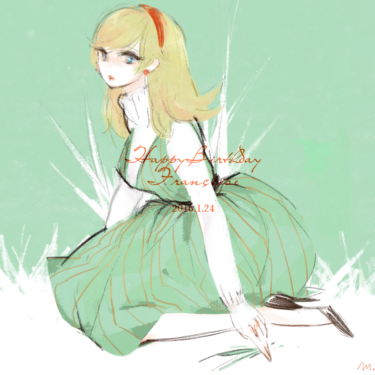 1girl blonde_hair blue_eyes blush cyborg cyborg_009 d&#039;orsay_heels dress earrings francoise_arnoul green_dress hair_over_face hairband jewelry long_hair manodemarina nose_blush red_hairband red_lips shirt sitting soldier straight_hair white_shirt yokozuwari