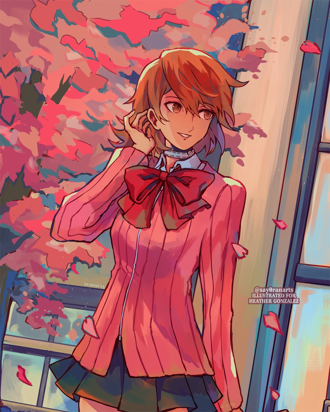 1girl black_skirt bow bowtie brown_eyes brown_hair building cardigan cherry_blossoms choker collared_shirt commentary cowboy_shot english_commentary falling_petals gekkoukan_high_school_uniform hair_between_eyes hand_up heart heart_choker highres long_sleeves looking_to_the_side loose_bowtie medium_hair miniskirt outdoors parted_lips persona persona_3 petals pink_cardigan pink_petals pleated_skirt red_bow red_bowtie ribbed_cardigan say0ran school_uniform shirt skirt smile solo takeba_yukari tree twitter_username white_choker white_shirt window