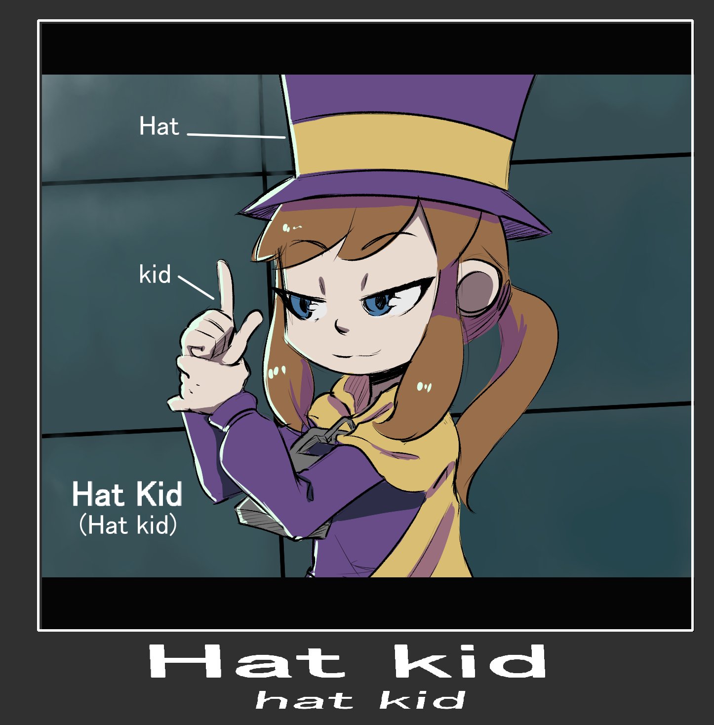 1girl :3 a_hat_in_time blue_eyes brown_hair cape caption character_name closed_mouth commentary cosplay diagram english_commentary english_text female_focus finger_gun half-closed_eyes hat hat_kid highres jacket long_hair long_sleeves looking_ahead looking_at_hands meme metal_gear_(series) metal_gear_solid motivator_(meme) oversized_zipper own_hands_together parody pointing ponytail purple_hat purple_jacket revolver_ocelot revolver_ocelot_(cosplay) sidelocks smile smug solo spicy_bardo standing top_hat upper_body yellow_cape zipper zipper_pull_tab