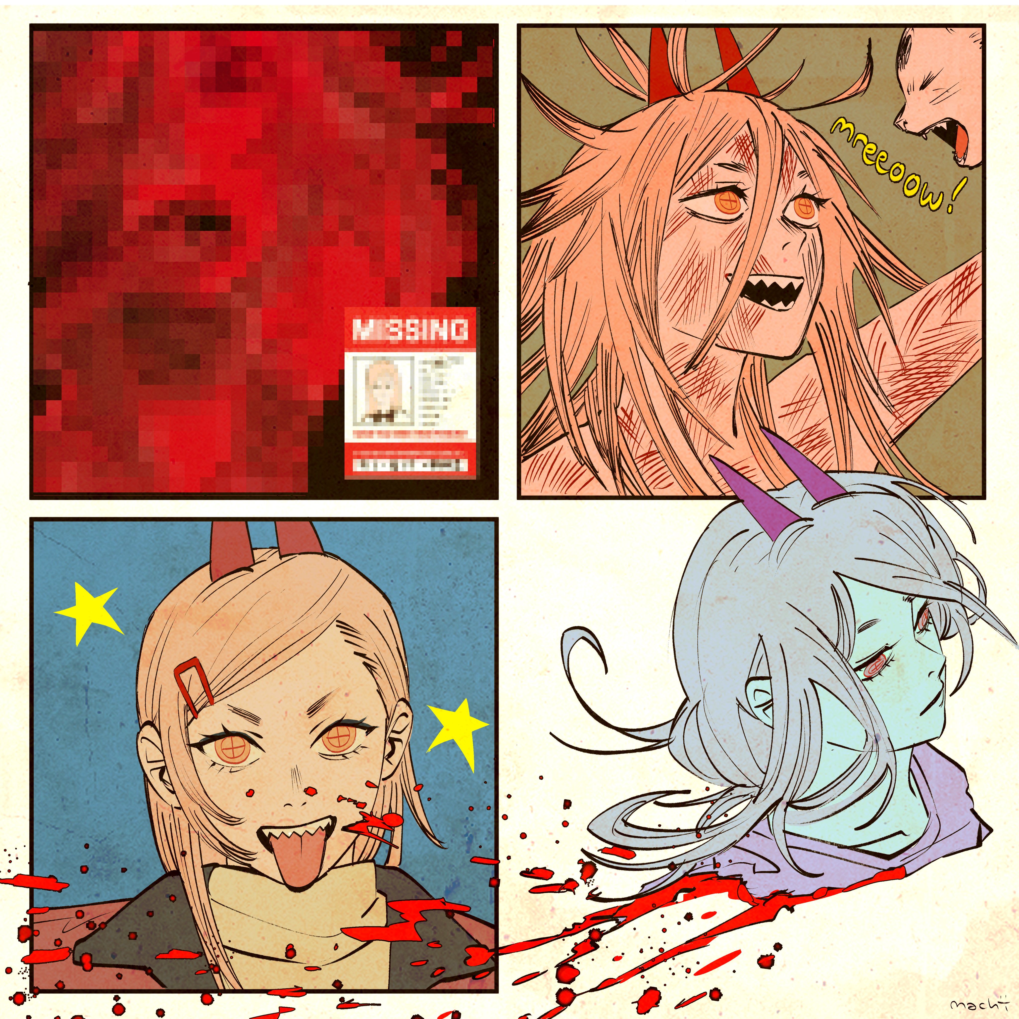 1girl absurdres blonde_hair blood cat censored chainsaw_man death highres horns machipachi1901 meowy_(chainsaw_man) messy_hair missing_poster multiple_views open_mouth power_(chainsaw_man) red_horns sharp_teeth symbol-shaped_pupils teeth tongue tongue_out