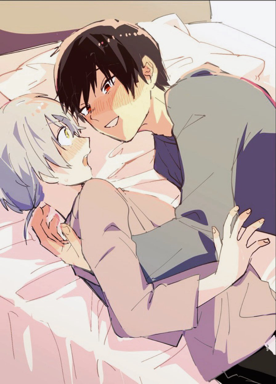 2boys black_hair blush commentary_request from_side fumetsu_no_anata_e fushi hair_between_eyes highres hug kahaku_(fumetsu_no_anata_e) looking_at_another low_ponytail male_focus multiple_boys niyamo on_bed open_mouth pillow ponytail profile red_eyes shirt short_hair sketch smile upper_body white_hair wide-eyed yaoi yellow_eyes