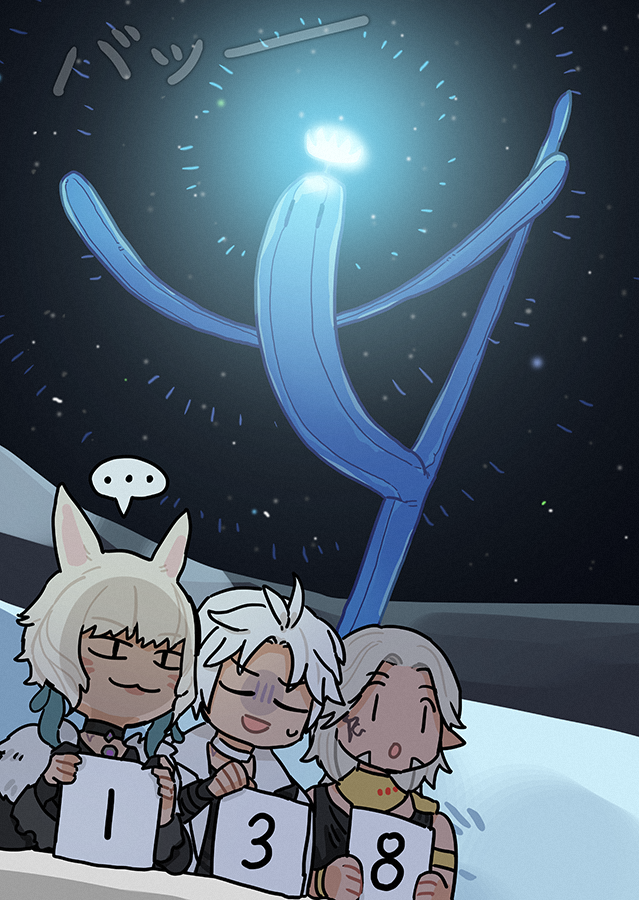 ... 1girl 2boys :3 :o animal_ears cat_ears chibi choker elezen elf final_fantasy final_fantasy_xiv gg_dal grading grey_hair lunatender miqo&#039;te multiple_boys pointy_ears shaded_face smile spoken_ellipsis thancred_waters urianger_augurelt white_choker y&#039;shtola_rhul
