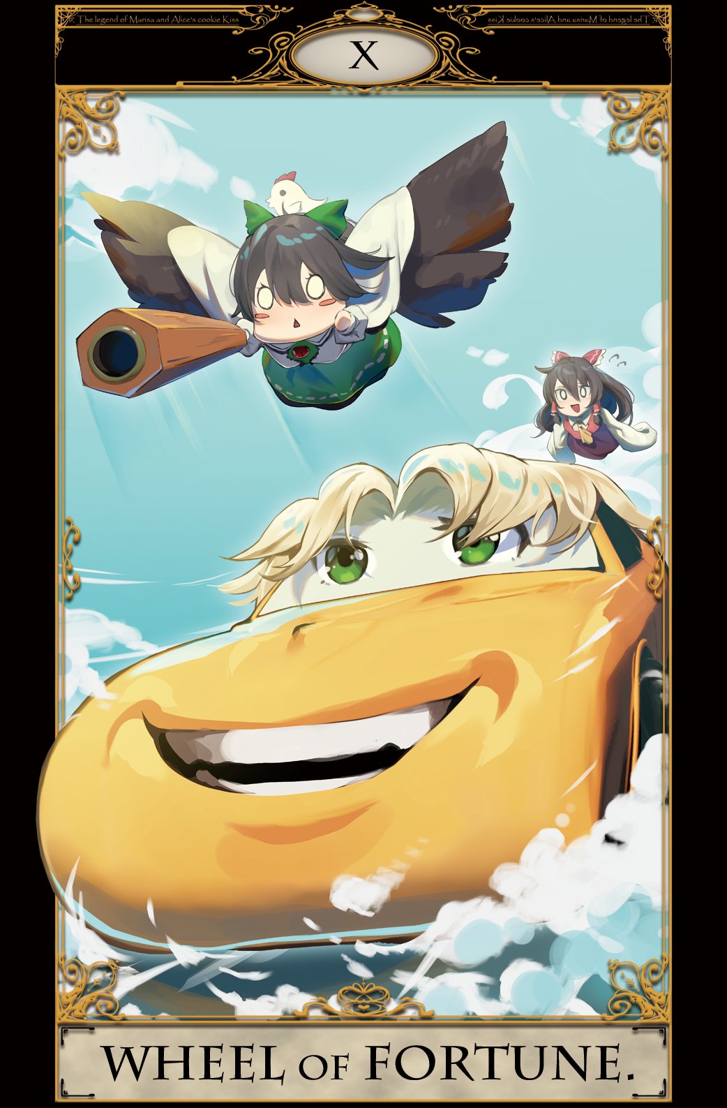 2girls arm_cannon beji-kun bird bird_wings black_hair black_wings blonde_hair blue_sky bow brown_hair cape car card_(medium) cars_(movie) chicken cloud collared_shirt commentary_request control_rod_(touhou) cookie_(touhou) frilled_hair_tubes frills full_body green_bow green_eyes hair_between_eyes hair_bow hair_tubes hakurei_reimu highres hotaruda_(cookie) joker_(cookie) long_bangs long_hair mizuhashi_parsee motor_vehicle multiple_girls nadeko_(cookie) o_o open_mouth puffy_short_sleeves puffy_sleeves red_bow reiuji_utsuho roman_numeral shirt short_sleeves sky smile tarot tarot_(medium) the_chicken_that_appears_in_the_middle_of_cookie third_eye touhou triangle_mouth water weapon wheel_of_fortune_(tarot) white_cape white_shirt wings