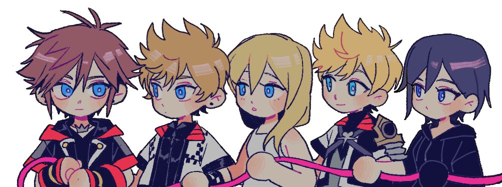 2girls 3boys black_coat_(kingdom_hearts) black_hair blonde_hair blue_eyes blush brown_hair checkered_wristband chibi chibi_only crown_necklace gloves hat_babo holding kingdom_hearts light_smile long_hair looking_at_another multiple_boys multiple_girls namine open_mouth roxas short_hair smile sora_(kingdom_hearts) spiked_hair ventus_(kingdom_hearts) white_background wristband xion_(kingdom_hearts)