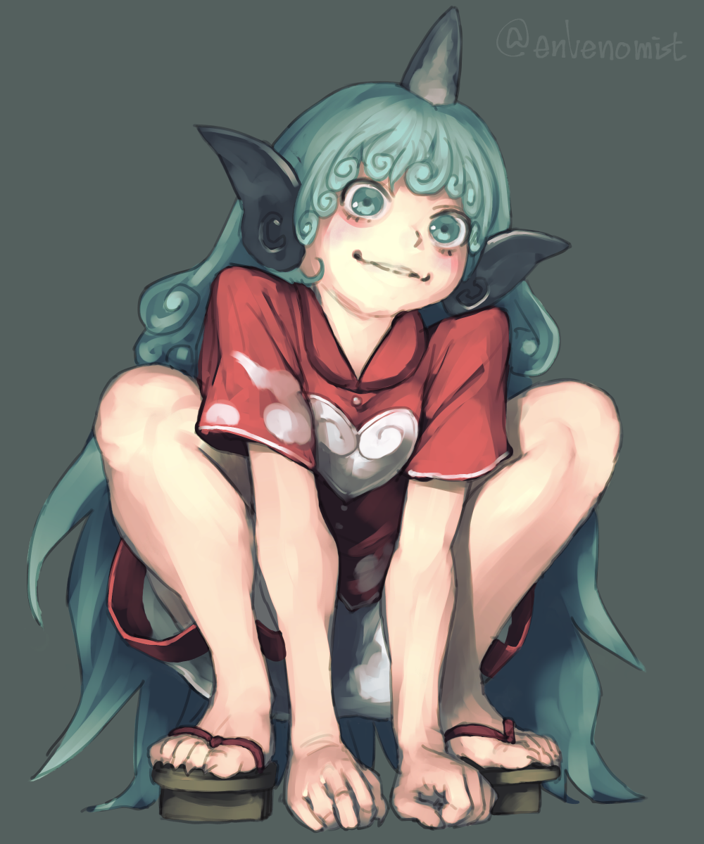 1girl artist_name blush buttons cloud_print commentary_request curly_hair envenomist_(gengoroumaru) fingernails geta green_background green_eyes green_hair hands_on_ground highres horns kariyushi_shirt knees komainu_ears komainu_girl komano_aunn long_hair one-hour_drawing_challenge red_shirt sandals sharp_fingernails sharp_toenails shirt shorts single_horn smile solo toenails touhou twitter_username very_long_hair white_shorts wide-eyed