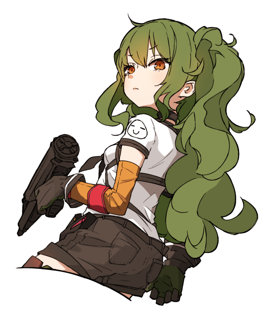 1girl amonitto black_gloves black_shorts calico_m950 calico_m950a cheek_pistol cropped_legs double-stack_magazine girls&#039;_frontline gloves green_hair gun handgun helical_magazine high-capacity_magazine holding holding_gun holding_weapon long_hair looking_at_viewer looking_back m950a_(girls&#039;_frontline) machine_pistol orange_eyes pistol shirt short_shorts short_sleeves shorts solo weapon white_shirt