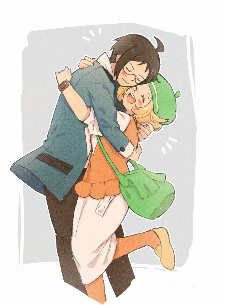 1boy 1girl ahoge bianca_(pokemon) blonde_hair blue_jacket blush brown_hair brown_pants cheren_(pokemon) closed_mouth glasses green_hat hat hug jacket leaning_forward long_sleeves miiyokoe nintendo orange_pantyhose pants pantyhose pokemon pokemon_bw2 semi-rimless_eyewear shoes short_hair short_sleeves smile teeth under-rim_eyewear upper_teeth_only yellow_shoes
