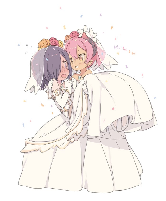 2girls blade_(galaxist) blush bridal_veil bride carrying dark-skinned_female dark_skin demon_girl dress elbow_gloves formal_clothes full_body gloves hair_over_one_eye horns low_wings multiple_girls open_mouth pink_eyes pink_hair pop-up_story princess_carry purple_eyes purple_hair revia_serge short_hair simple_background sweat ursula_raiment veil wavy_mouth wedding_dress white_background white_dress wife_and_wife wings yuri