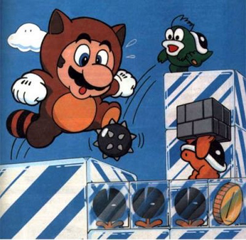 1boy blue_theme buster_beetle facial_hair full_body ice jump lowres mario mario_(series) muncher mustache nintendo official_art plant raccoon_mario raccoon_suit raccoon_tail sky spike_(mario) spike_ball super_mario_bros._1 super_mario_bros._3 swest tail tanooki_mario took