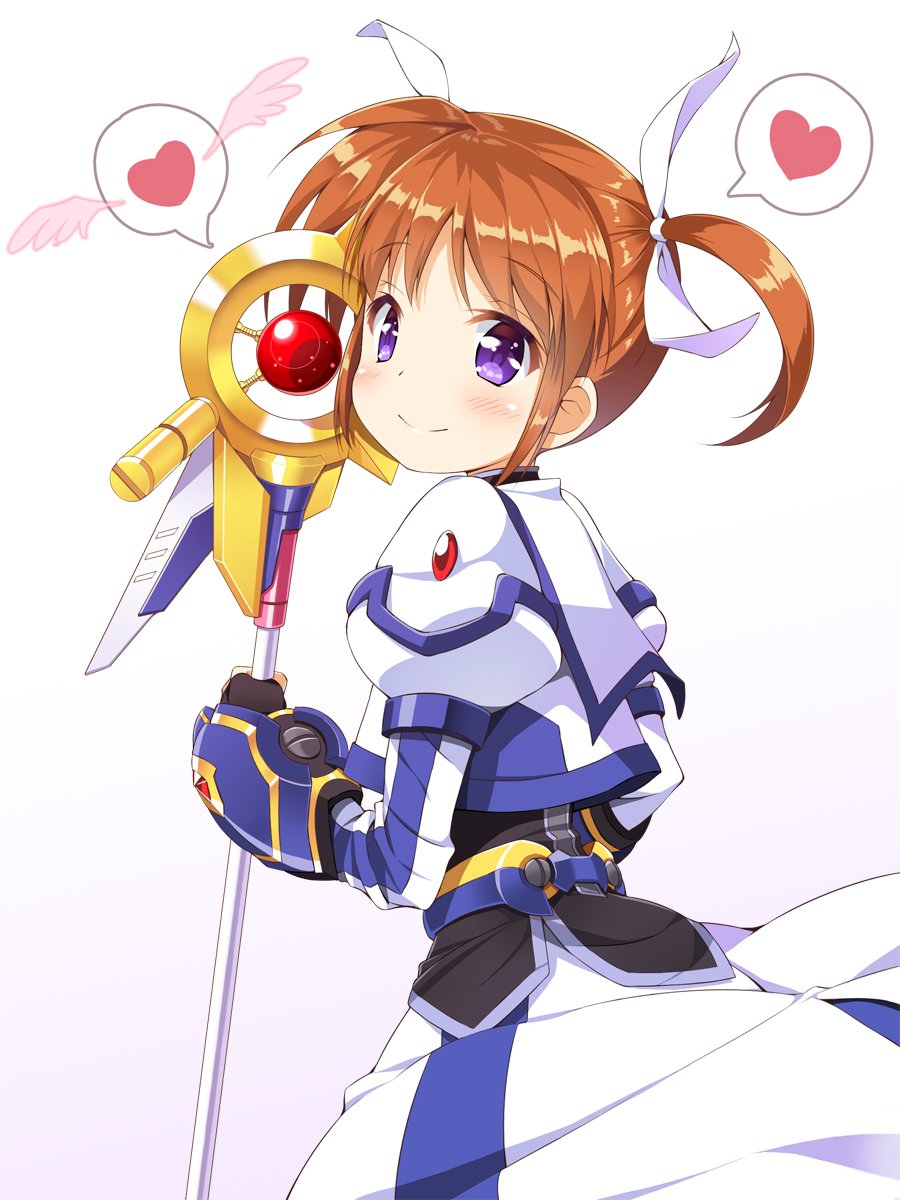 1girl black_gloves blush brown_hair dress fingerless_gloves gauntlets gloves hair_ribbon heart highres juliet_sleeves long_sleeves lyrical_nanoha magical_girl mahou_shoujo_lyrical_nanoha mahou_shoujo_lyrical_nanoha_the_movie_3rd:_reflection puffy_sleeves purple_eyes raising_heart raising_heart_(device_mode)_(1st) ribbon shinki_(shinki59) short_twintails smile speech_bubble spoken_heart staff takamachi_nanoha takamachi_nanoha_(exelion_mode_modified) twintails white_background