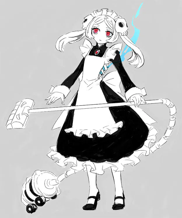 1girl apron atrium_(artist) bloody_marie_(skullgirls) dress expressionless fire frilled_apron frilled_dress frills grey_background greyscale hair_ornament juliet_sleeves long_sleeves maid_headdress mary_janes monochrome puffy_sleeves red_eyes ribs shoes skeleton skull_hair_ornament skullgirls solo spot_color twintails vacuum_cleaner