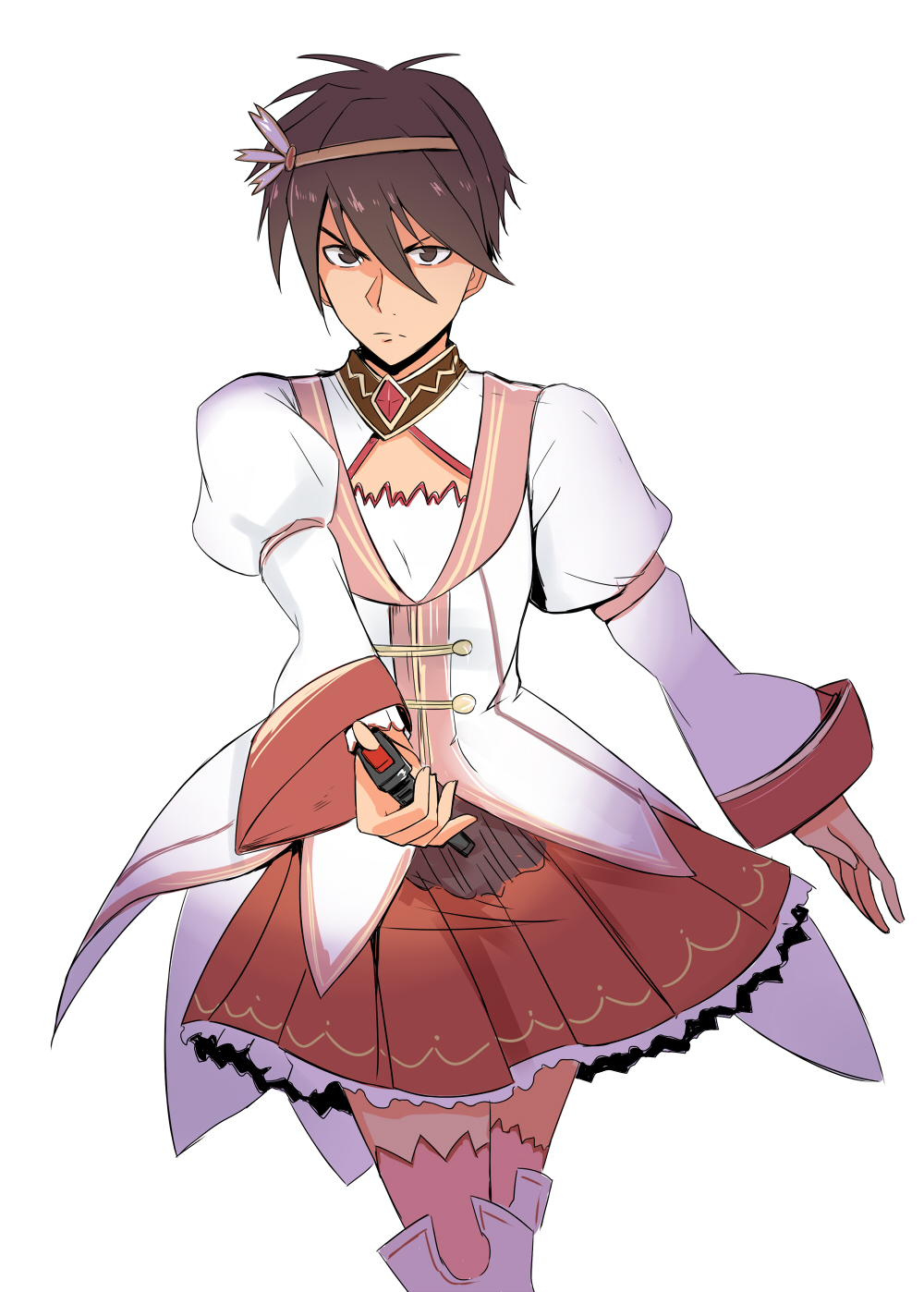 1boy brown_eyes brown_hair brown_hairband cleavage_cutout clothing_cutout cosplay crossdressing crossed_legs gundam gundam_wing hairband heero_yuy highres holding jacket juliet_sleeves long_sleeves looking_at_viewer male_focus name_connection nerotarou princess_connect! puffy_sleeves red_skirt simple_background skirt solo split_mouth thighhighs white_background white_jacket yui_(princess_connect!) yui_(princess_connect!)_(cosplay)