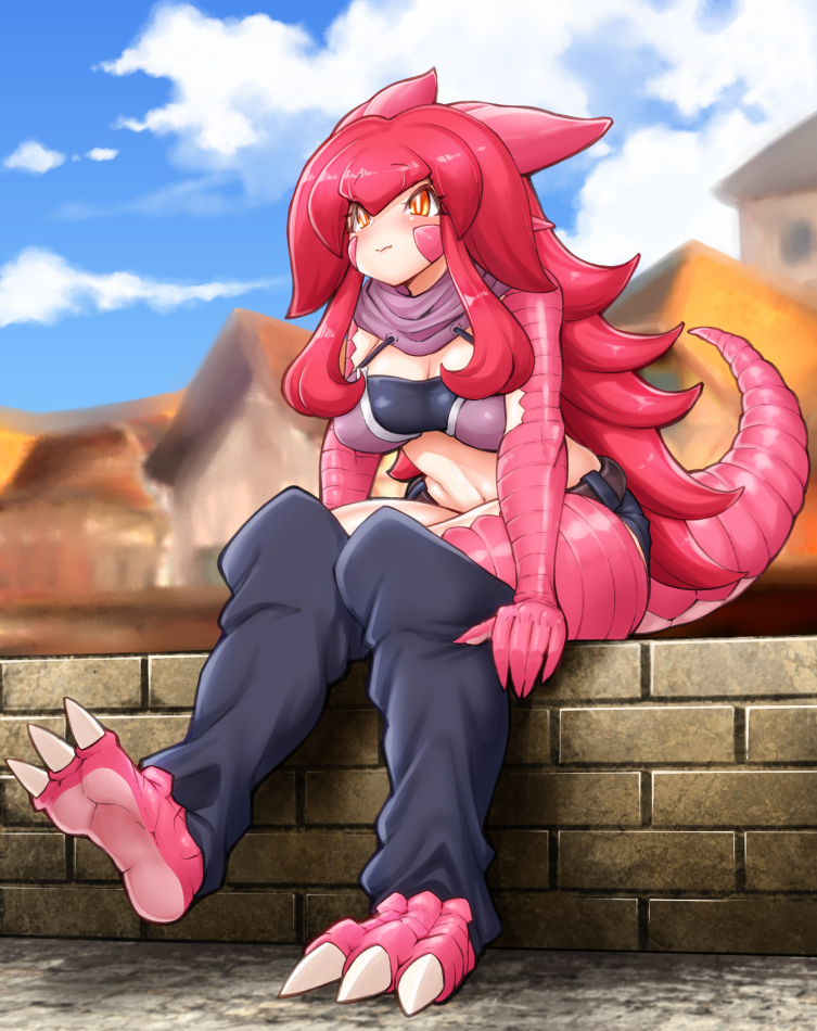 1girl barefoot belt breasts claws cleavage cloud day dragon_girl full_body hotpants large_breasts leg_warmers lizard_tail long_hair monster_girl nenbuta orange_eyes original outdoors pink_scales red_hair reptile_girl scales short_shorts shorts sitting sky solo tail village wall