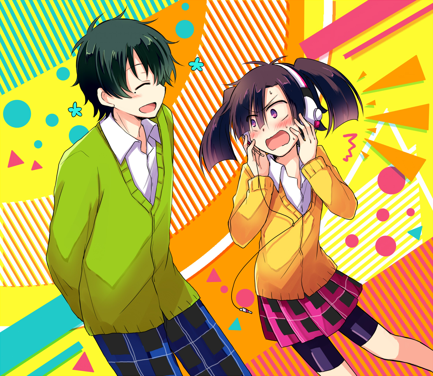 1boy 1girl bike_shorts_under_skirt black_hair blush brown_hair closed_eyes collared_shirt enomoto_takane gamiko_chopin green_sweater headphones highres kagerou_project kokonose_haruka mole mole_under_eye multicolored_background open_mouth plaid_clothes plaid_skirt purple_eyes shirt short_hair skirt surprised sweatdrop sweater white_shirt yellow_sweater yuukei_yesterday_(vocaloid)