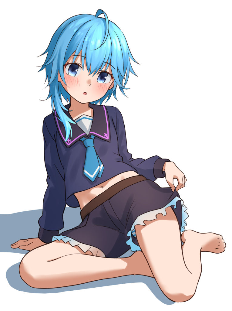 1girl ahoge asymmetrical_hair bare_legs barefoot black_sailor_collar black_shorts blue_eyes blue_hair blue_shirt frilled_shorts frills kantai_collection legs long_sleeves looking_at_viewer minazuki_(kancolle) navel one-hour_drawing_challenge ray.s sailor_collar school_uniform serafuku shirt short_hair short_hair_with_long_locks shorts simple_background sitting solo toes white_background yokozuwari