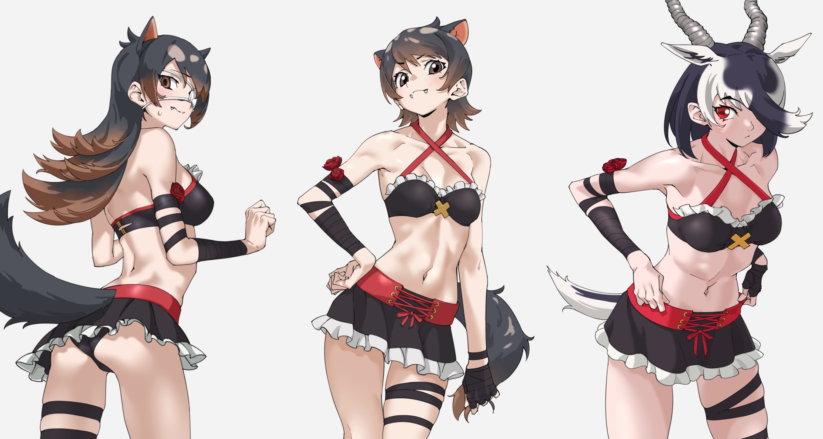3girls animal_ears antelope_ears antelope_horns ass australian_devil_(kemono_friends) bandeau bare_shoulders batten_japari_dan bikini bikini_skirt black_bandeau black_bikini black_hair black_skirt blackbuck_(kemono_friends) breasts brown_eyes brown_hair clothing_cutout collarbone commentary cowboy_shot criss-cross_halter empty_eyes extra_ears eyepatch fang fang_out fangs fangs_out flipped_hair flower frilled_skirt frills from_behind gradient_hair grey_background hair_over_one_eye halterneck hand_on_own_hip highres horizontal_pupils horns kemono_friends looking_at_viewer matching_outfits medical_eyepatch medium_breasts medium_hair microskirt miniskirt multicolored_hair multiple_girls navel one_eye_covered red_eyes red_flower red_rose rose simple_background skirt small_breasts stomach swimsuit tail tail_through_clothes tanabe_(fueisei) tasmanian_devil_(kemono_friends) tasmanian_devil_ears tasmanian_devil_tail thigh_strap two-tone_hair white_background white_hair wrist_wrap