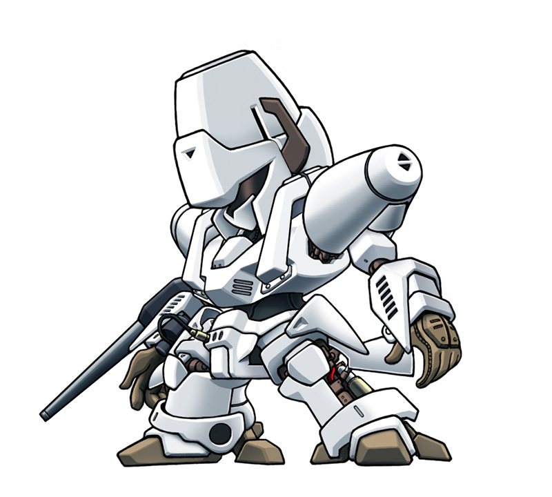 arm_cannon cable chibi juusenki_l-gaim l-gaim looking_down mecha mecha_focus noah_noah open_hands robot science_fiction solo standing visor weapon white_background