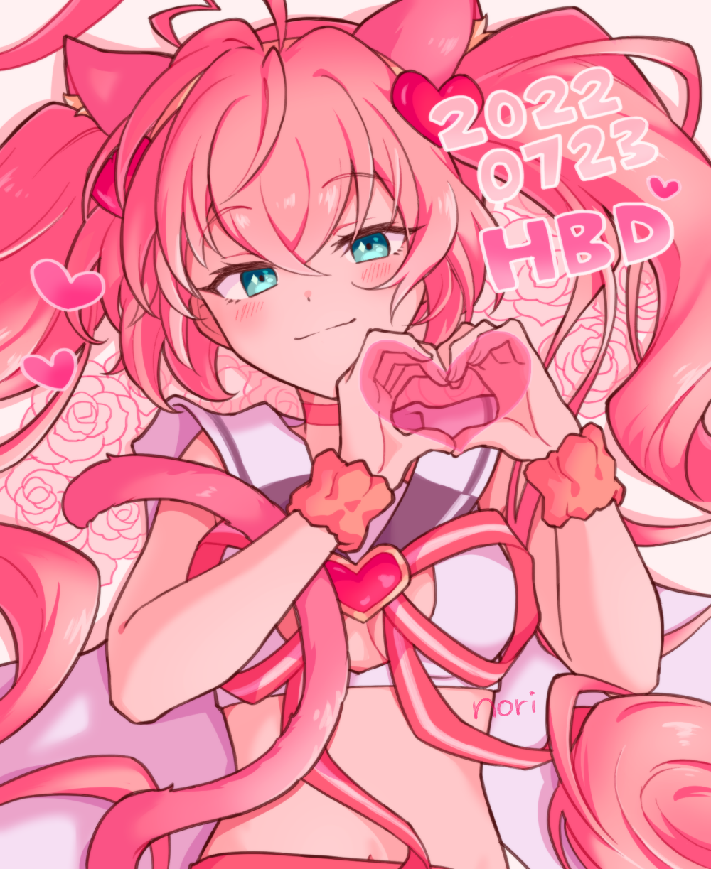1girl ahoge animal_ears blue_eyes cat_ears cat_girl cat_tail chiyo_nori choker cleavage_cutout clothing_cutout crop_top dated extra_ears floral_background hair_ornament happy_birthday heart heart_ahoge heart_hair_ornament heart_hands heart_in_heart_hands highres long_hair looking_at_viewer navel neck_ribbon pink_choker pink_hair ribbon rosia_(show_by_rock!!) scrunchie show_by_rock!! smile solo tail twintails upper_body white_background wrist_scrunchie