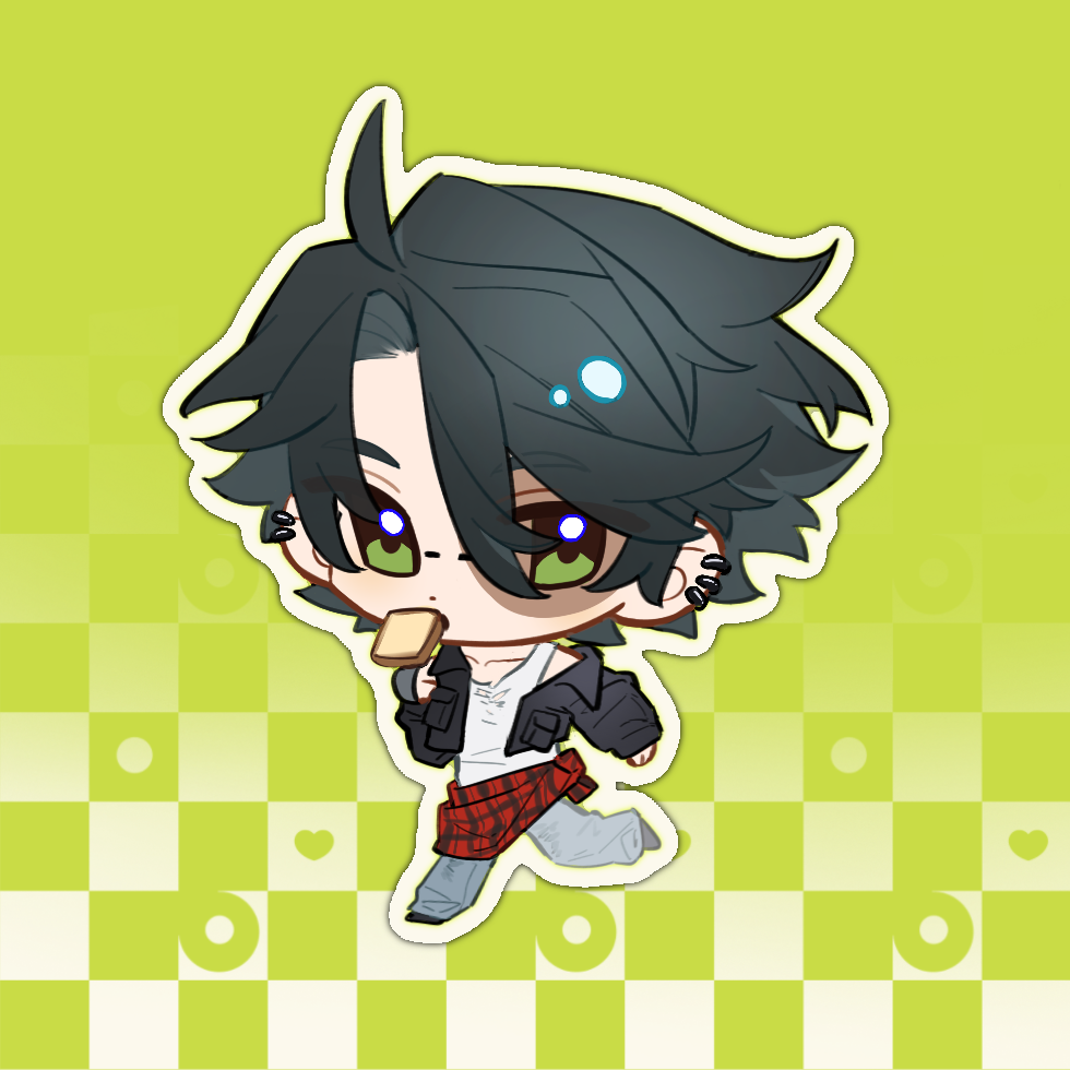1boy ahoge black_hair black_jacket black_shoes blue_pants bread bread_slice burn_scar chibi chibi_only chinese_commentary clothes_around_waist commentary_request cropped_jacket denim dianbo635 earclip food food_in_mouth green_background green_eyes hair_between_eyes heart identity_v jacket jacket_around_waist jeans long_sleeves male_focus mouth_hold no_sclera norton_campbell open_clothes open_jacket outline pants plaid_clothes plaid_jacket pocket red_jacket running scar scar_on_face shoes short_hair solo tank_top toast toast_in_mouth white_outline white_tank_top