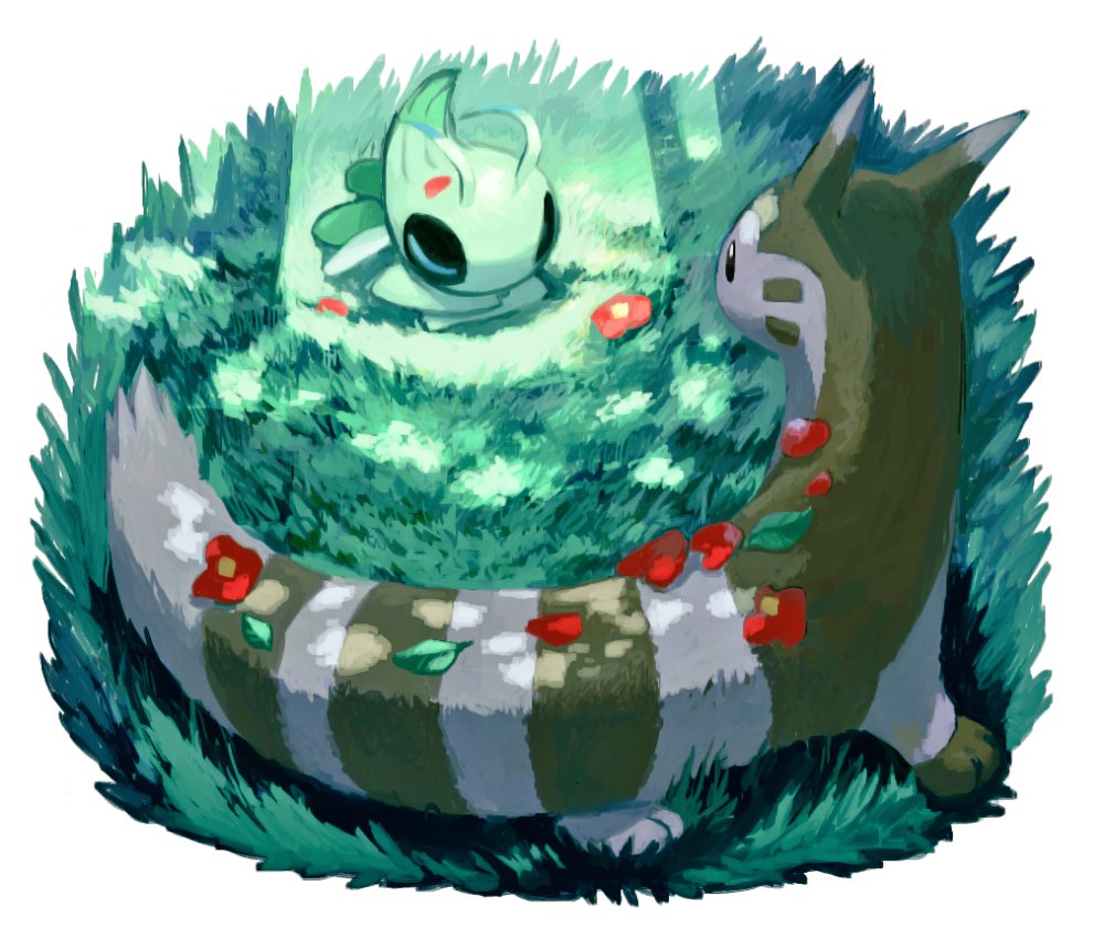 black_eyes celebi closed_eyes flower furret gen_2_pokemon grass kochi8i legendary_pokemon looking_at_another lying mythical_pokemon nintendo no_humans on_stomach petals pokemon pokemon_(creature) red_flower sleeping