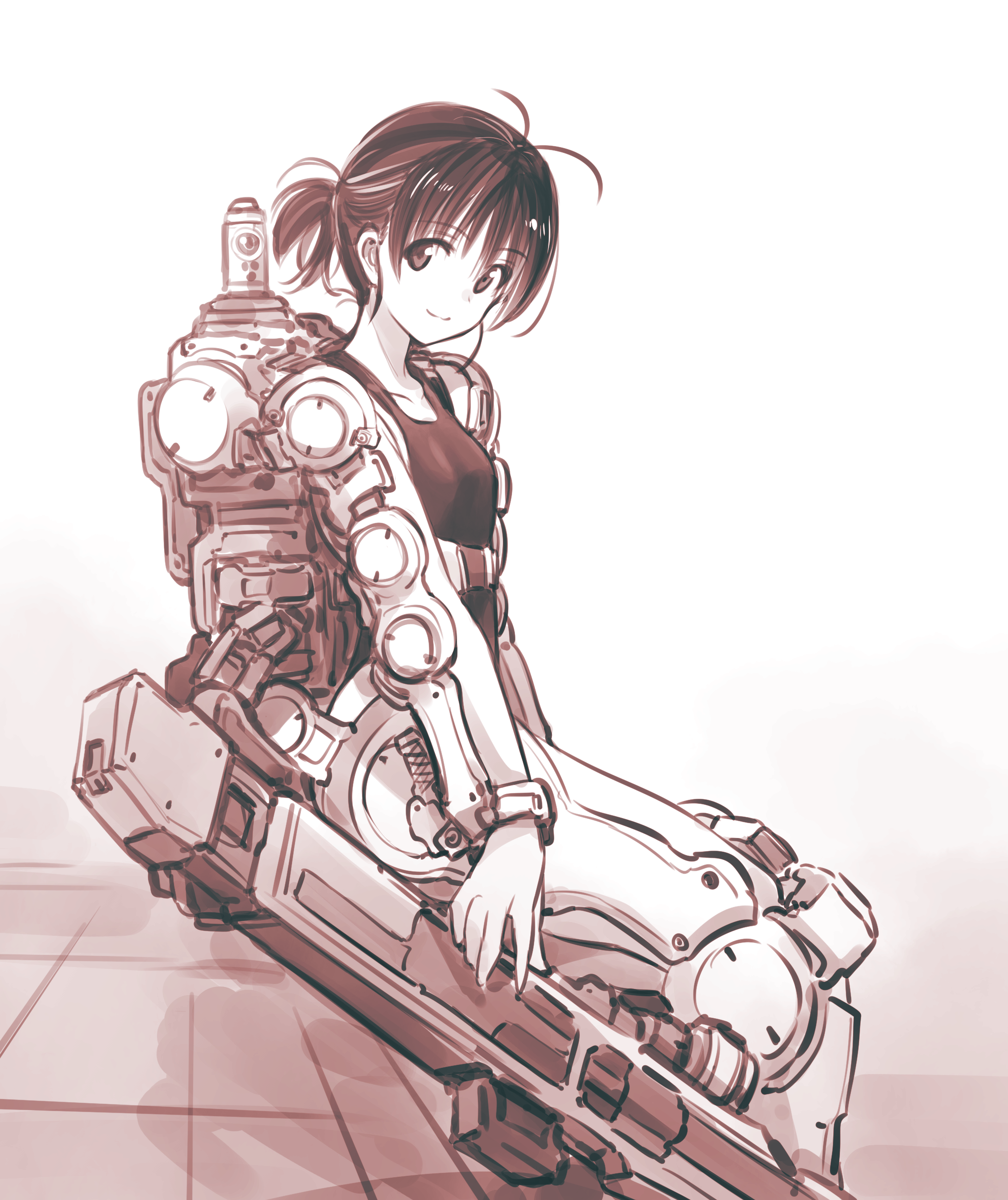 1girl 1other absurdres ahoge bike_shorts bike_shorts_under_shorts black_hair bra breasts capelet commentary exoskeleton gun hair_between_eyes hawk_(mechanical_buddy_universe) hawkeyes_(mechanical_buddy_universe) highres jacket kato_takuji low_ponytail mechanical_buddy_universe medium_request monochrome navel ponytail power_suit rifle shoes short_hair short_ponytail shorts sitting small_breasts smile sneakers sniper_rifle training_bra underwear weapon
