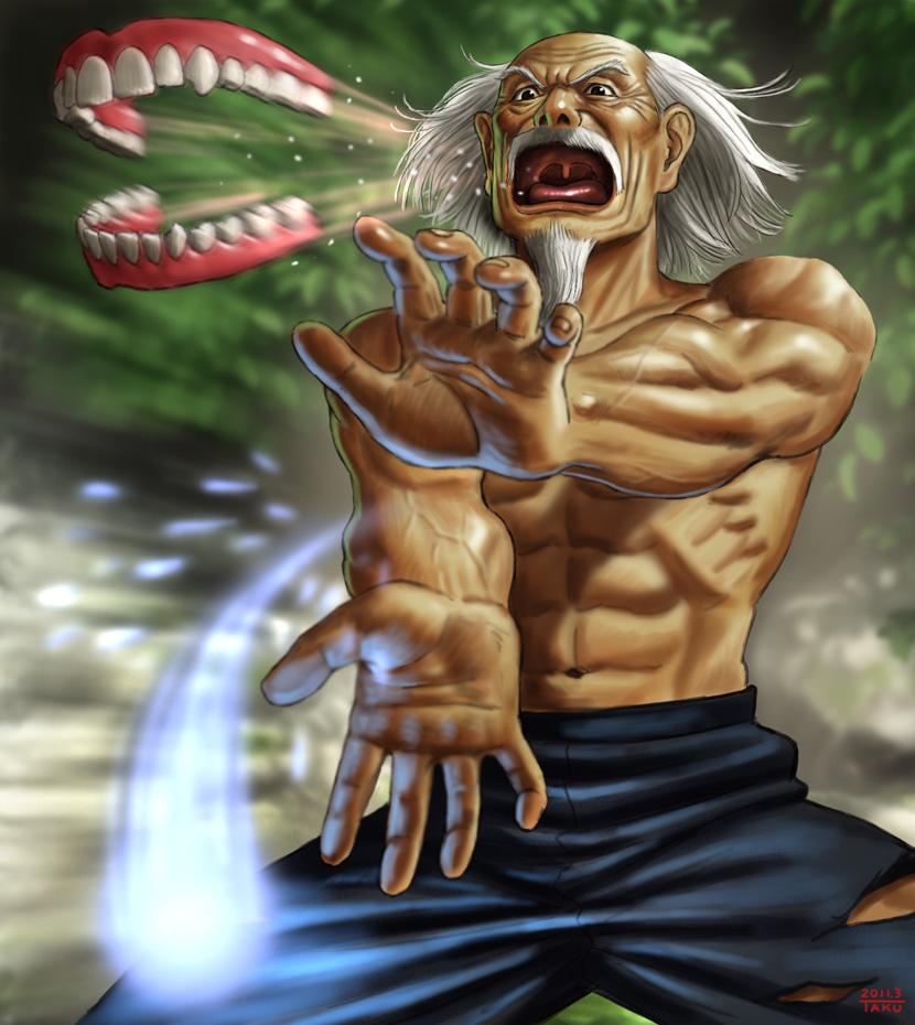 1boy beard dentures facial_hair foreshortening male_focus matataku muscular mustache old old_man original pun solo what white_hair