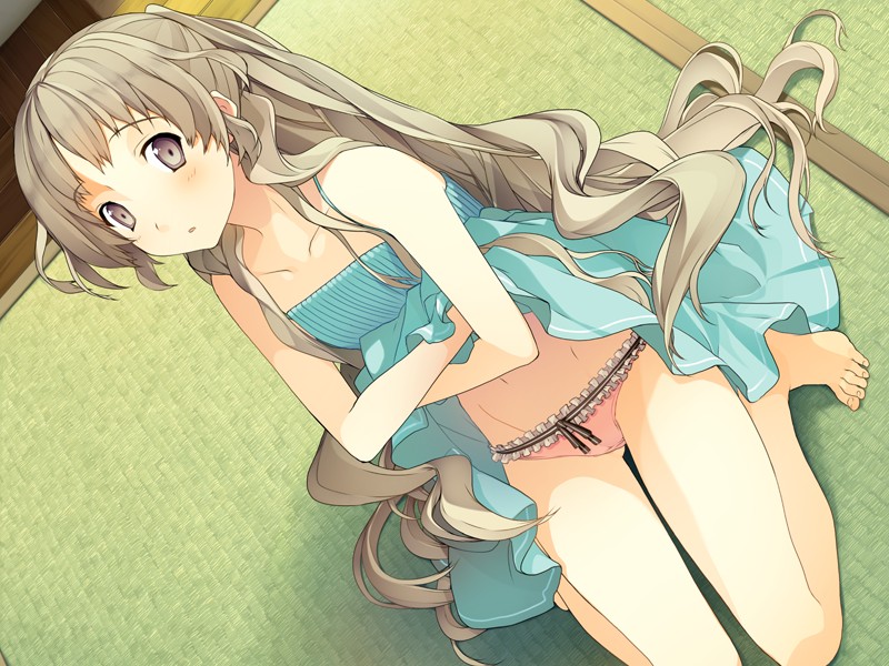 10s 1girl akinashi_yuu bare_shoulders barefoot blush dress feet female_focus flat_chest game_cg grey_hair kiba_mifuyu kneeling koi_to_senkyo_to_chocolate legs long_hair looking_at_viewer panties purple_eyes solo thighs toes underwear