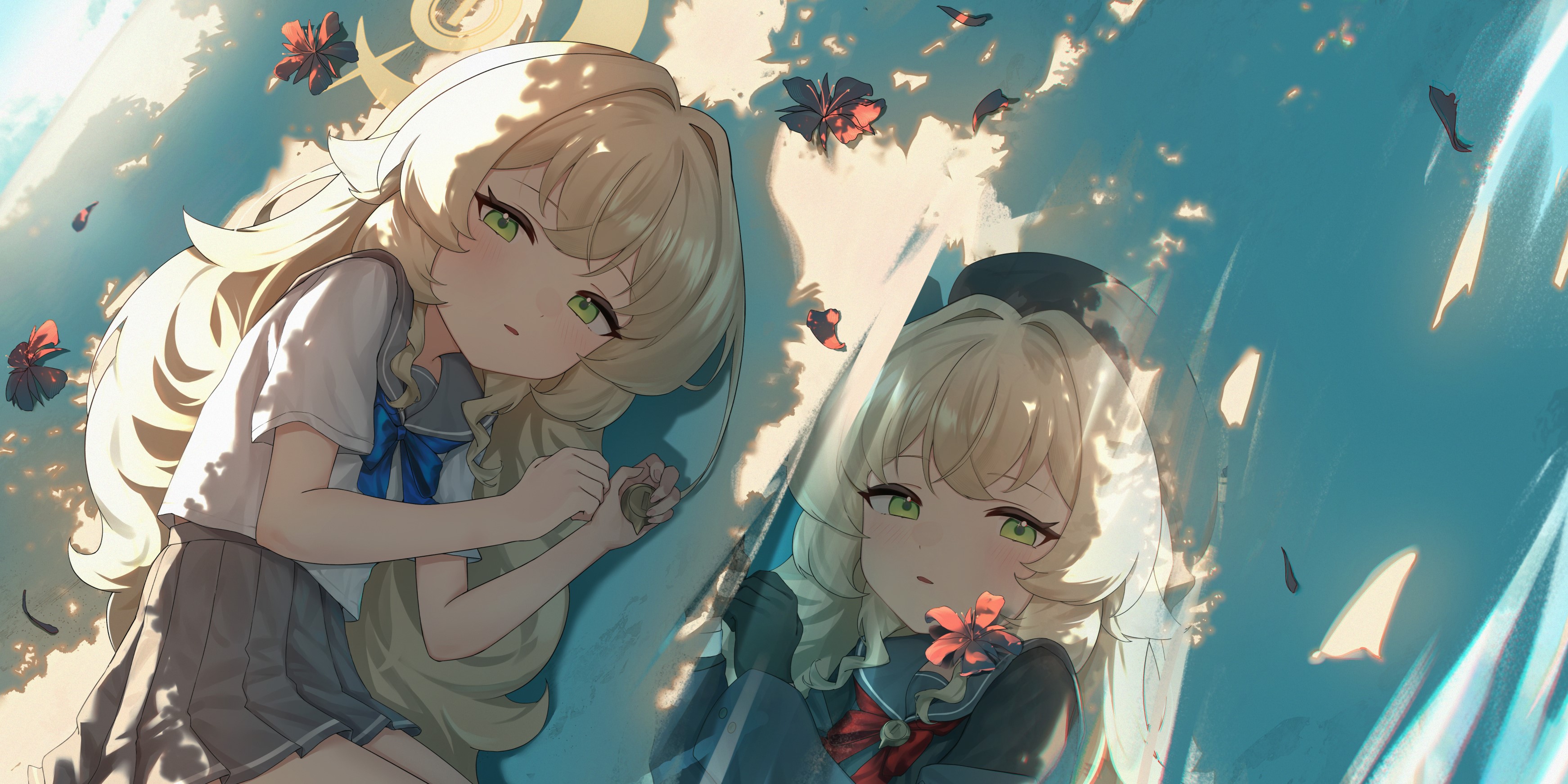 1girl absurdres alternate_costume black_coat black_hat black_sailor_collar black_shirt blonde_hair blue_archive blue_bow blue_bowtie blush bow bowtie ciza_gomi coat green_eyes grey_skirt hair_between_eyes hat highres long_hair looking_at_viewer lying on_side open_mouth professor_niyaniya_(blue_archive) red_ribbon reflection ribbon sailor_collar school_uniform shirt sidelocks skirt white_shirt