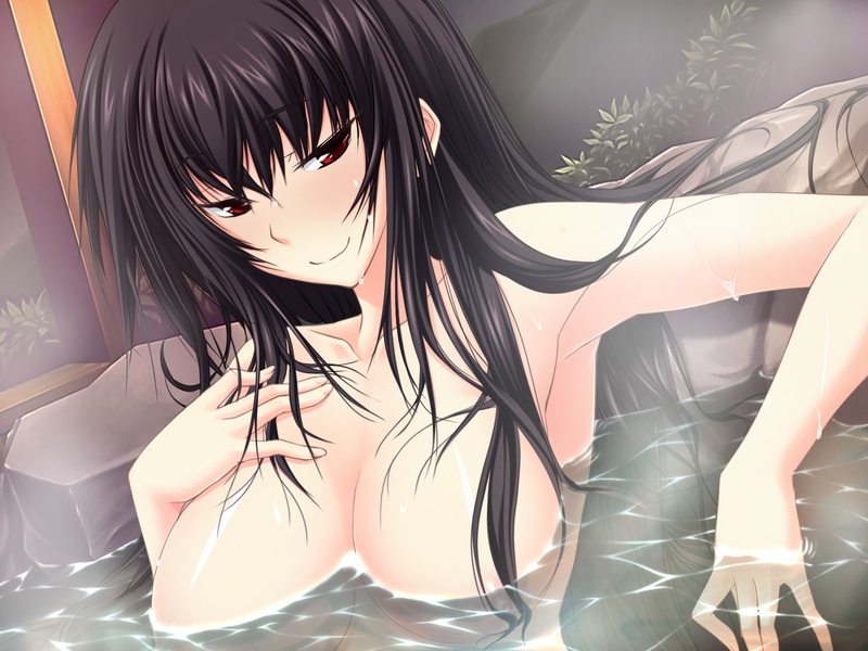 1girl black_hair breasts cleavage closed_mouth collarbone game_cg hair_between_eyes kawagishi_keitarou kawakami_momoyo large_breasts long_hair looking_at_viewer maji_de_watashi_ni_koi_shinasai! nude partially_submerged red_eyes smile solo straight_hair upper_body