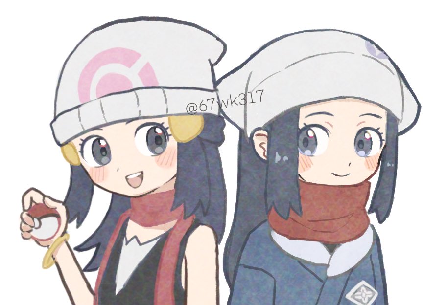 2girls 67wk317 akari_(pokemon) black_eyes black_hair black_shirt blush closed_mouth dawn_(pokemon) hair_ornament hairclip hat holding holding_poke_ball japanese_clothes long_hair looking_at_another multiple_girls nintendo open_mouth poke_ball poke_ball_(basic) pokemon pokemon_dppt pokemon_legends:_arceus red_scarf scarf shirt sleeveless sleeveless_shirt teeth twitter_username upper_body upper_teeth_only white_background white_hat
