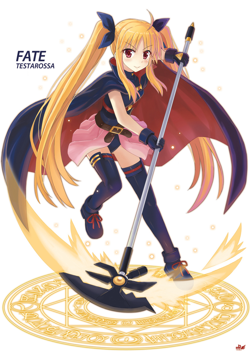 00s 1girl bardiche_(nanoha) bardiche_(scythe_form)_(nanoha) belt blonde_hair blush buckle cape character_name fate_testarossa fate_testarossa_(movie_1st_form) female_focus gloves highres leotard long_hair lyrical_nanoha magic_circle mahou_shoujo_lyrical_nanoha npcpepper red_eyes ribbon scythe skirt smile solo standing standing_on_magic_circle thighhighs twintails