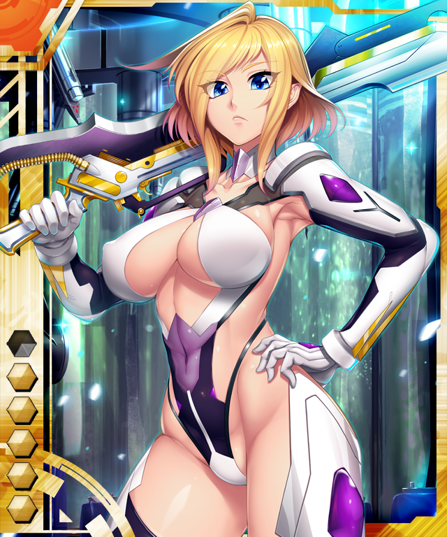 1girl blonde_hair blue_eyes bodysuit breasts card_(medium) card_(orange-ur) card_(ur) curvy female_focus large_breasts leotard lilith-soft looking_at_viewer nipples no_bra shinganji_kurenai shiny_skin short_hair standing taimanin_(series) taimanin_asagi taimanin_asagi_battle_arena_all_card_gallery taimanin_asagi_kessen_arena taimanin_kurenai thick_thighs thighhighs thighs thong weapon zol